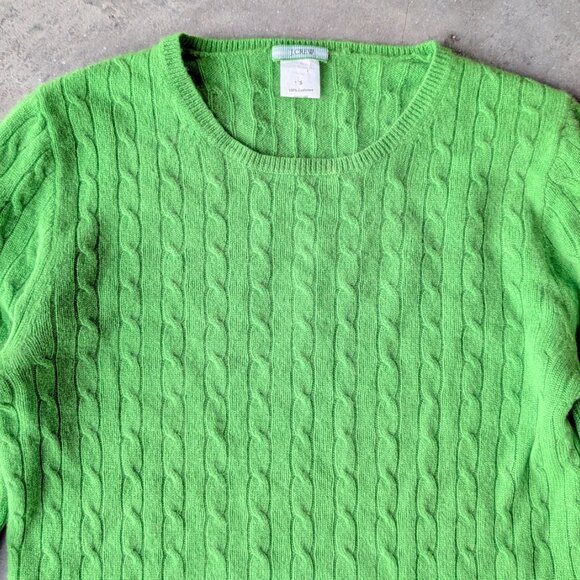 Vintage J. Crew Bright Green Cable Knit 3/4 Sleeve Cashmere Sweater small - Picture 2 of 8